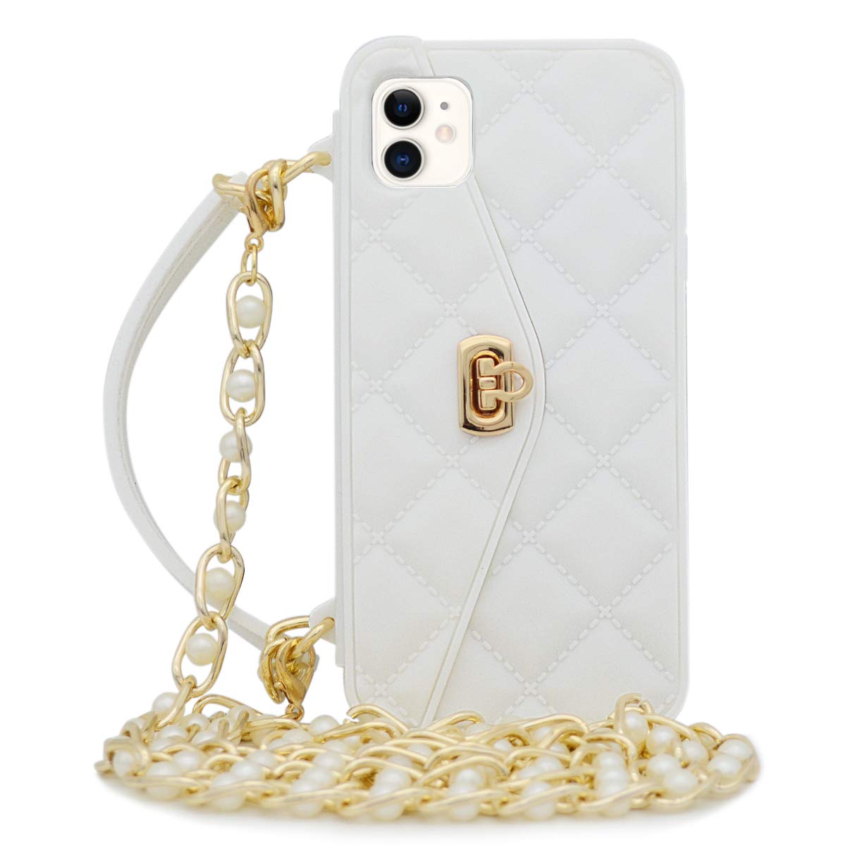 Omio for iPhone 12 Handbag Case with Card Holder Wrist Lanyard Strap Soft Silicone Cover Wallet Case for Women Luxury Stylish Long Pearl Crossbody Chain Case White