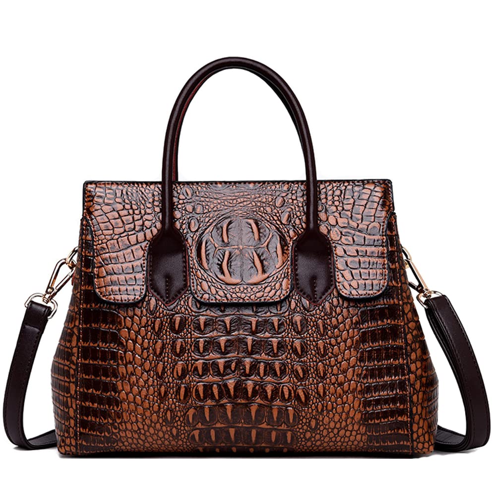 Women Satchel Handbags Top-Handle Bags fuax Leather Embossed Crocodile pattern shoulder bag Brown Large