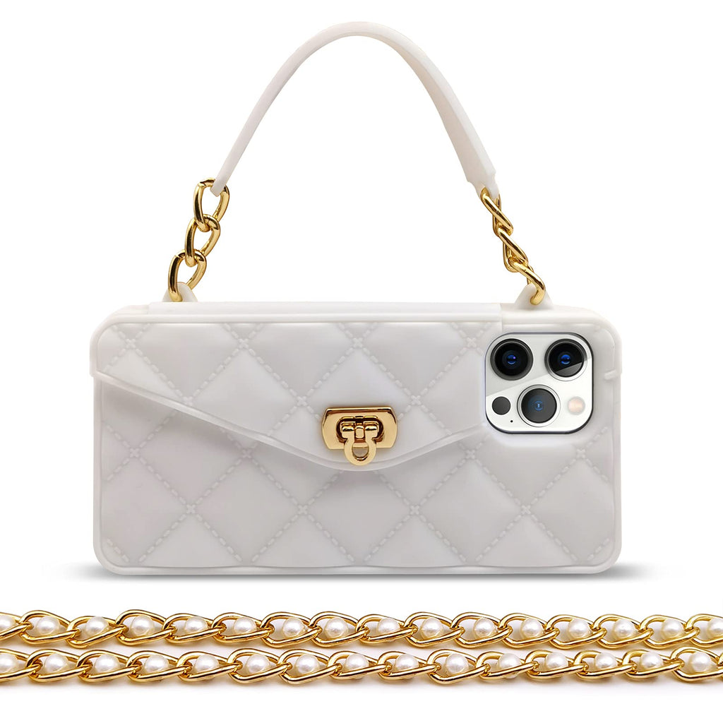 Omio for iPhone 13 Pro Handbag Case with Flip Card Holder Wrist Lanyard Strap Soft Silicone Cover for iPhone 13 Pro Wallet Case for Women Luxury Stylish Long Pearl Crossbody Chain Case White