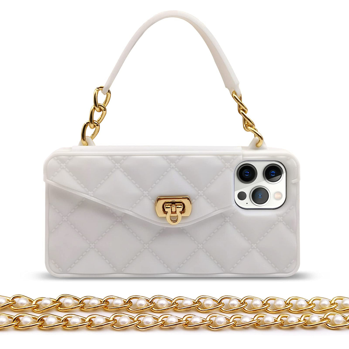 Omio for iPhone 13 Pro Handbag Case with Flip Card Holder Wrist Lanyard Strap Soft Silicone Cover for iPhone 13 Pro Wallet Case for Women Luxury Stylish Long Pearl Crossbody Chain Case White