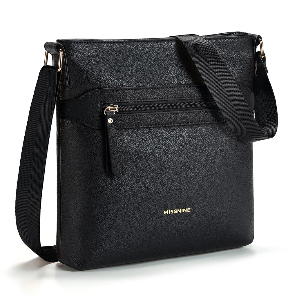 Missnine Crossbody Bags for Women Multi Pocket Purses Soft Leather Medium Shoulder Handbags with Adjustable Strap (Simple Black)