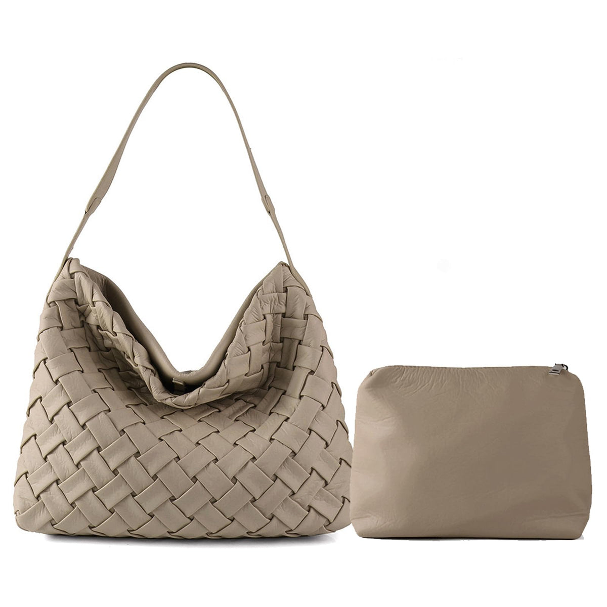 JINMANXUE Women Boston Bag Woven Vegan Leather Handbags Female Satchel Messenger Bag Fashion Shoulder Bag Casual Hobo (B-Khaki)